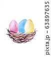 Colorful painted eggs in wooden nest isolated. 63897635