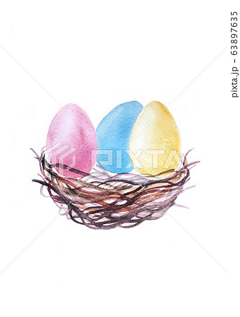 Colorful painted eggs in wooden nest isolated. Colorful painted eggs in wooden nest isolated. 63897635