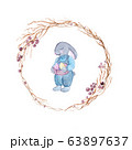 Watercolor Easter bunny with eggs and flowers. 63897637