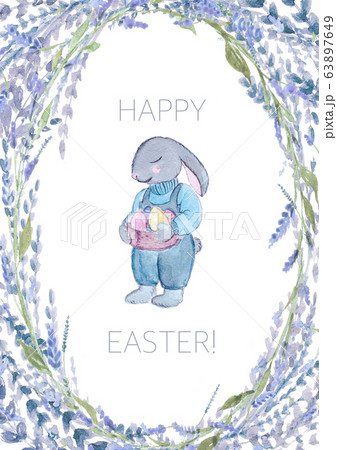 Watercolor Easter bunny with eggs and flowers. Watercolor Easter bunny with eggs and flowers. 63897649