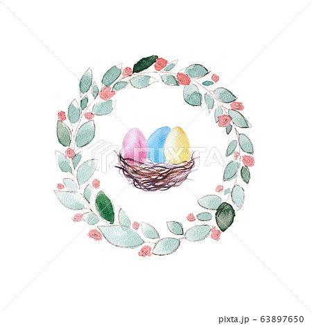 Colorful painted eggs in nest and spring wreath. Colorful painted eggs in nest and spring wreath. 63897650