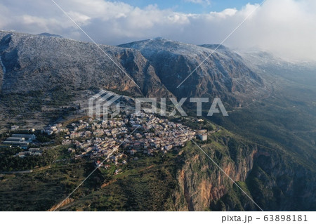 Aerial view of Delphi, Greece at sunrise, the Gulf Aerial view of Delphi, Greece at sunrise, the Gulf 63898181