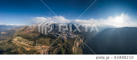Aerial view of Delphi, Greece at sunrise, the Gulf Aerial view of Delphi, Greece at sunrise, the Gulf 63898210