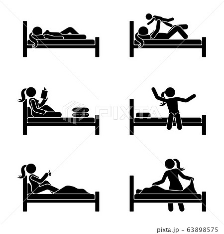 Stick figure woman lying in bed, reading book, drinking coffee, playing with kid, stretching, making bed vector illustration pictogram set 63898575