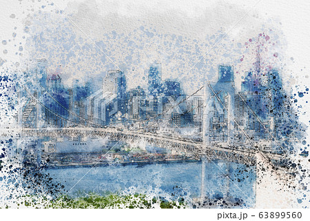 お台場から見た都市風景 水彩画風 お台場から見た都市風景 水彩画風 63899560