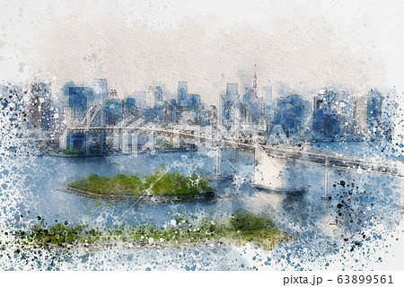 お台場から見た都市風景　水彩画風 63899561