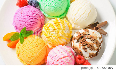 Various flavors of ice cream, various colors Lap into a round ball placed on a white plate Decorated with raspberries Blueberry Chocolate and Orange 63907365