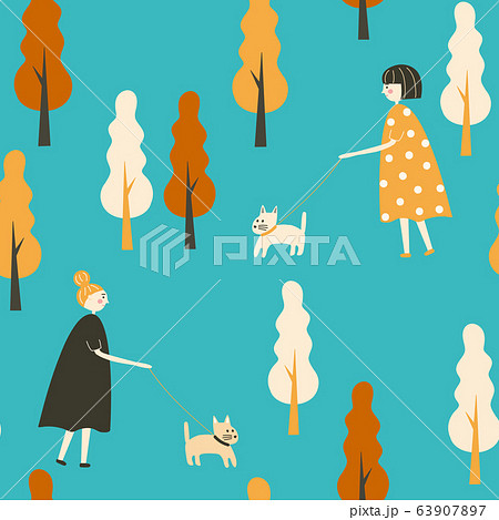 犬の散歩をする女性　シームレスパターン  63907897