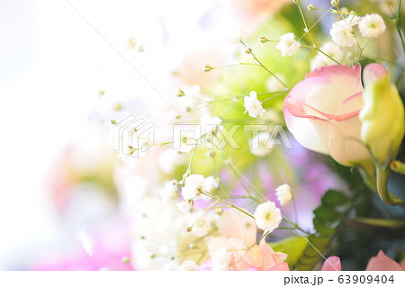 花 フラワー かすみ草 トルコキキョウ 生花 背景ぼかし ボケの写真素材