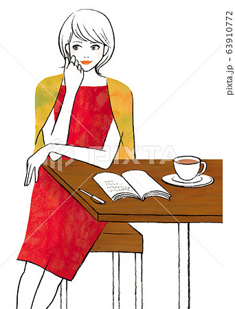 カフェで手帳を開きコーヒーを飲む女性のイラスト素材