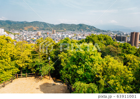 Dogo Park, Ruins of Yuzuki Castle and Matsuyama city panorama view in Matsuyama, Japan 63911001
