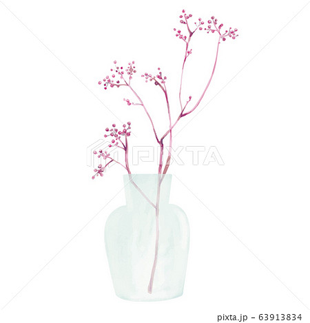ガラス花瓶に活けた植物と花のベクターイラスト 水彩タッチ ナチュラル 南天 花器のイラスト素材