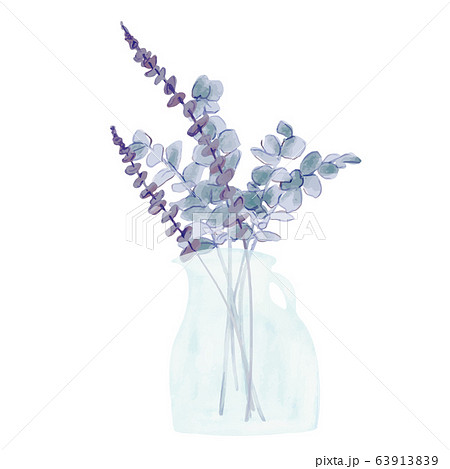 ガラス花瓶に活けた植物と花のベクターイラスト 水彩タッチ ナチュラル ユーカリのイラスト素材
