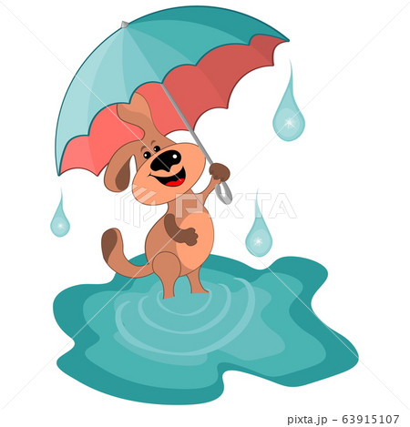 Vector illustration on a white background - a joyful dog with an umbrella one walks in puddles. Vector illustration on a white background - a joyful dog with an umbrella one walks in puddles. 63915107