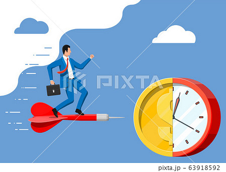 Businessman aim dart to gold coin clocks target. Businessman aim dart to gold coin clocks target. 63918592
