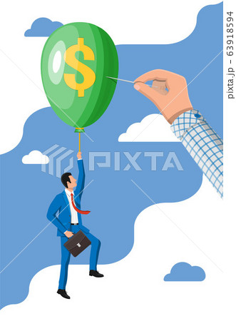 Businessman flying balloon and hand with needle Businessman flying balloon and hand with needle 63918594