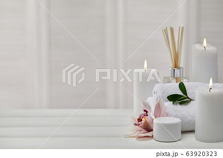 Spa treatments on white wooden table 63920323