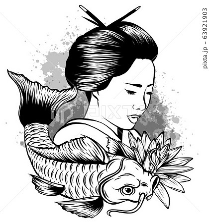 Hand Drawn Koi Fish With Flower Tattoo For のイラスト素材