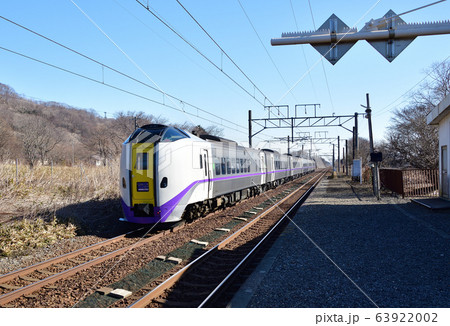 早春の北海道白老町JR虎杖浜駅を通過する特急北斗の風景を撮影 63922002