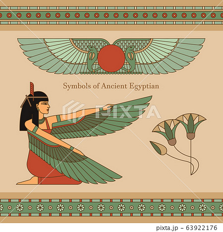 Symbols of ancient Egypt with an illustration of a woman with wings, lotus and other symbols 63922176