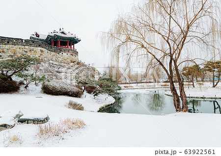Korean traditional architecture Hwaseong Fortress Banghwasuryujeong at winter in Suwon, Korea 63922561