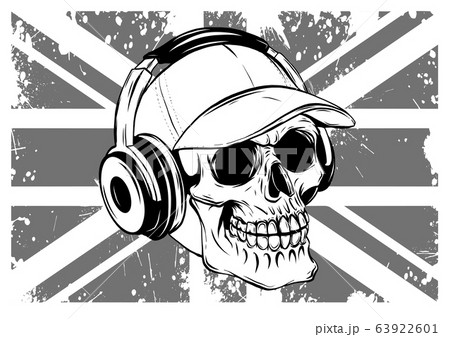 Skull With Headphones Listening To Music Drawingのイラスト素材