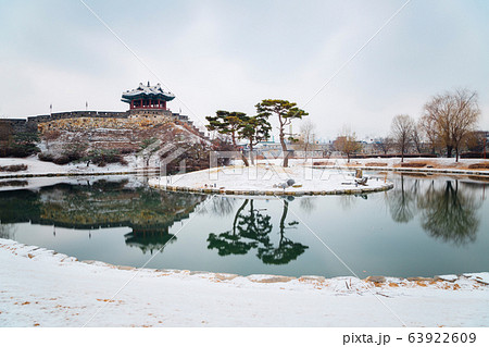 Korean traditional architecture Hwaseong Fortress Banghwasuryujeong at winter in Suwon, Korea 63922609