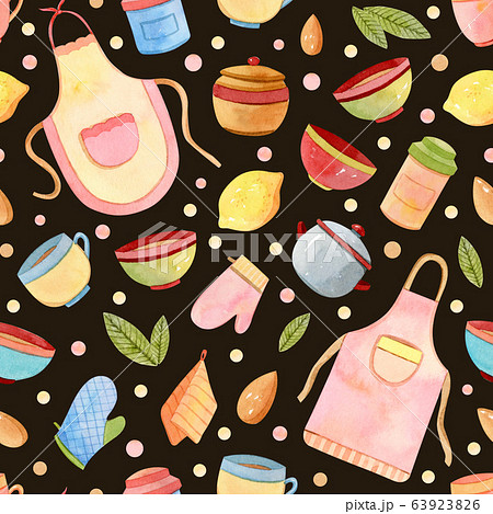 Watercolor kitchen accessories, utensils seamless pattern, background 63923826