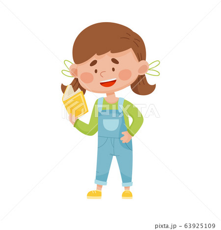 Smiling Girl Standing with Open Book and Reading Vector Illustration Smiling Girl Standing with Open Book and Reading Vector Illustration 63925109