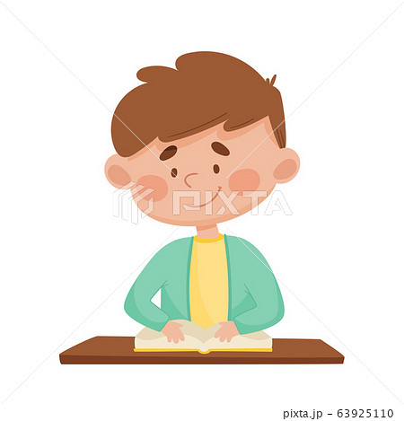 Smiling Boy Sitting at the Desk with Open Book in Front of Him and Reading Vector Illustration Smiling Boy Sitting at the Desk with Open Book in Front of Him and Reading Vector Illustration 63925110