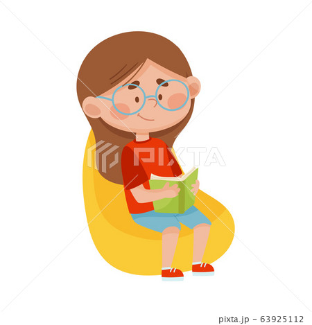 Cute Girl Sitting on Armchair with Open Book and Reading Vector Illustration Cute Girl Sitting on Armchair with Open Book and Reading Vector Illustration 63925112