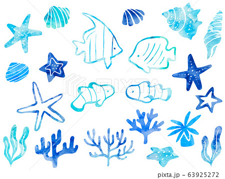 海の水彩風イラストセット 熱帯魚 サンゴ 貝 ヒトデ のイラスト素材