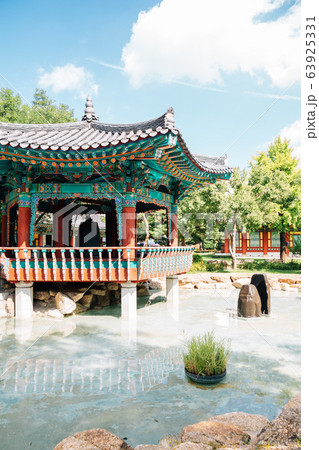 Korean traditional pavilion and pond at Gyeongsang-gamyeong park in Daegu, Korea Korean traditional pavilion and pond at Gyeongsang-gamyeong park in Daegu, Korea 63925331