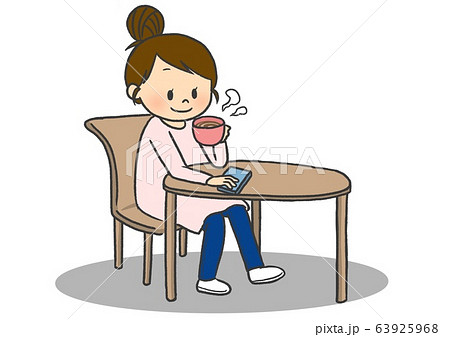 コーヒーを飲みながらのんびり過ごす女性のイラスト素材