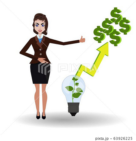 Beatifull businesswoman pointing to money idea from lamp with green plant with araise arrow to dollars. Vector illustration for successfull business concept 63926225