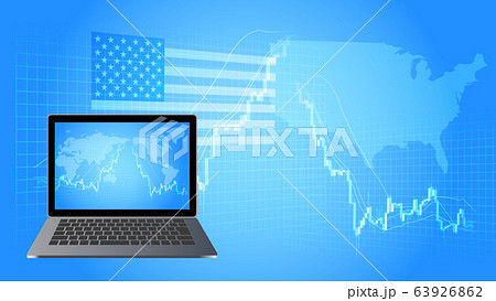 アメリカの高騰急落する株価チャートとノートパソコン青色背景イメージ 63926862