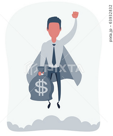 Businessman superhero flies up with moneybag. Business concept s power and uniqueness Businessman superhero flies up with moneybag. Business concept s power and uniqueness 63932832