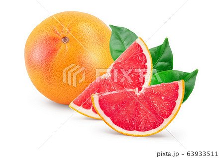 Grapefruit and slice with leaves isolated on white background. With clipping path and full depth of field 63933511