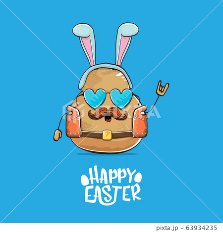 vector rock star easter potato funny cartoon character with blue bunny ears isolated on blue background. rock n roll easter party poster or happy easter greeeting card 63934235