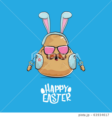 vector rock star easter potato funny cartoon character with blue bunny ears isolated on blue background. rock n roll easter party poster or happy easter greeeting card vector rock star easter potato funny cartoon character with blue bunny ears isolated on blue background. rock n roll easter party poster or happy easter greeeting card 63934617