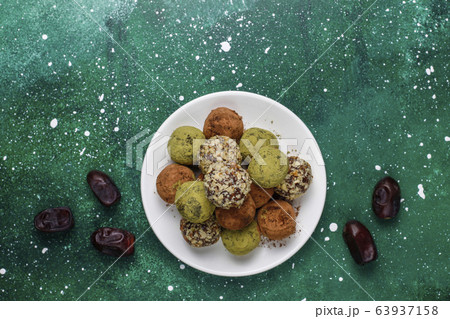 Homemade healthy vegan raw energy truffle balls with dates and walnuts,matcha powder,cocoa powder,top view Homemade healthy vegan raw energy truffle balls with dates and walnuts,matcha powder,cocoa powder,top view 63937158