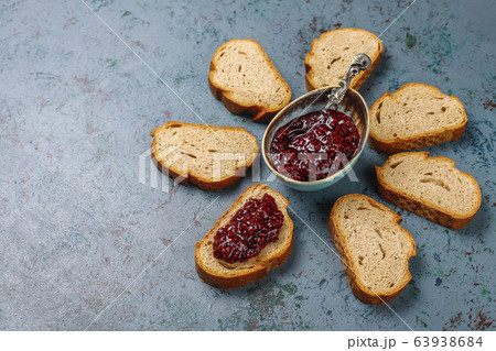 Bread slices with raspberry jam,easy healthy snack,top view 63938684