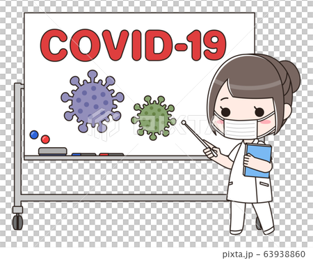 新型コロナウイルスcovid 19の説明をする女性医療従事者のイラスト素材