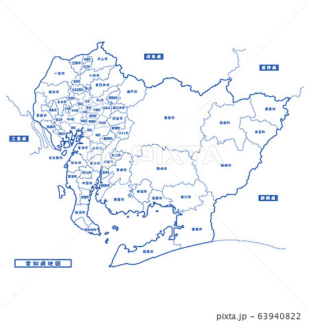 愛知県の白地図イラスト無料素材集 県庁所在地 市区町村名あり