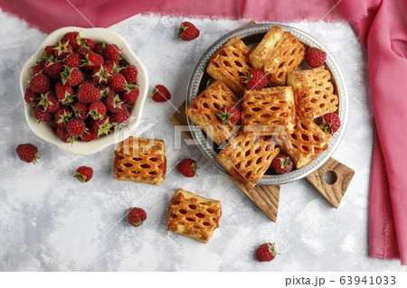 Sweet delicious raspberry cookies with ripe raspberries,top view 63941033