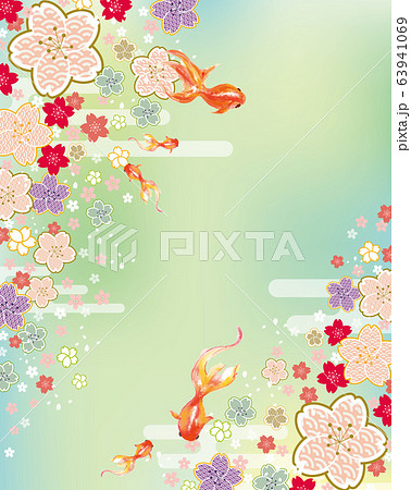 桜 金魚 和風 アート 背景素材 背景 水彩 手書き 泳ぐ アクアリウム 魚のイラスト素材
