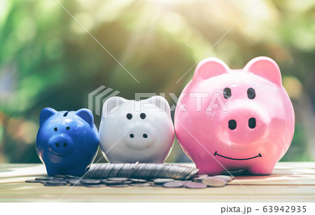 Coin with piggy bank, three pigs placed on a wooden table, Concept of saving or investment. planning savings money of coins to buy a home concept for property, mortgage investment. Coin with piggy bank, three pigs placed on a wooden table, Concept of saving or investment. planning savings money of coins to buy a home concept for property, mortgage investment. 63942935