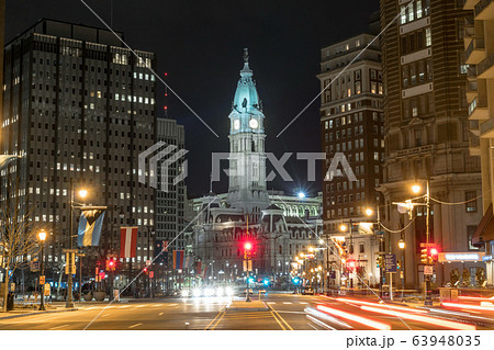 Scene of Philadelphia cityscape river side at the night time, USA downtown skyline, Architecture and building with tourist concept 63948035