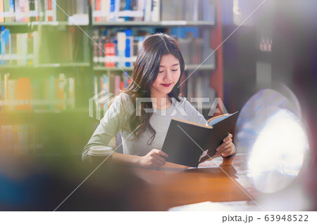 Asian young Student in casual suit reading the book with a cup of coffee in library of university or colleage on the wooden table over the book shelf background, Back to school concept 63948522
