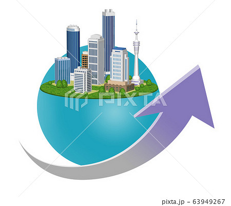 都市の経済成長を表現した矢印入りのイラストのイラスト素材